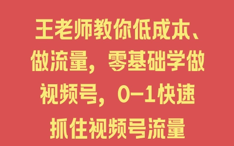 王老师教你低成本、做流量，零基础学做视频号，0-1快速抓住视频号流量 - 塑业网
