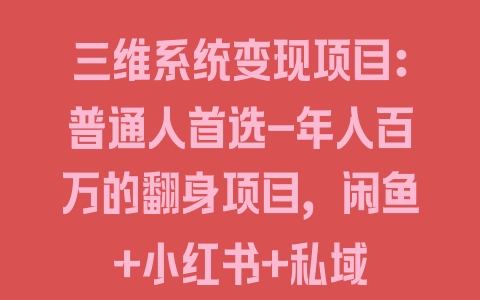 三维系统变现项目：普通人首选-年入百万的翻身项目，闲鱼+小红书+私域 - 塑业网